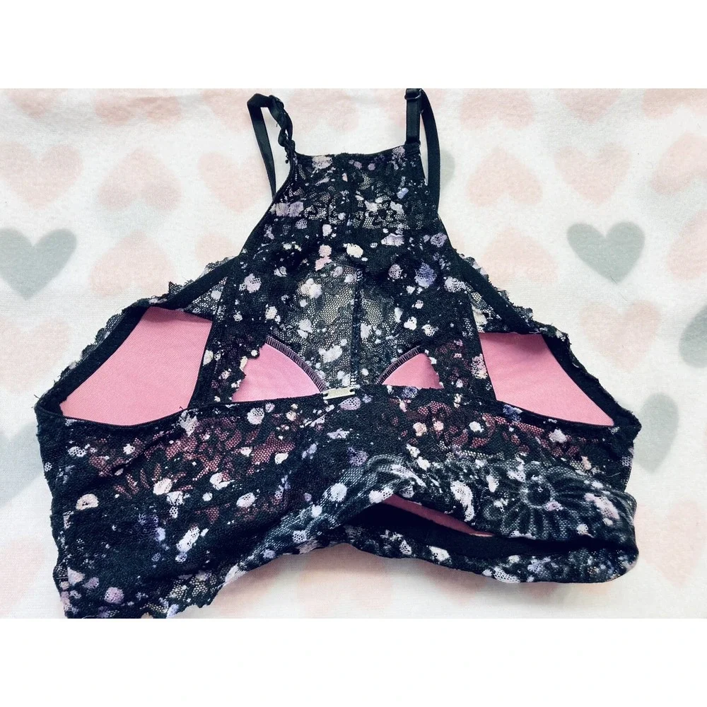 PINK Victoria's Secret Lace Bralette Women XS Black Floral High Neck Racerback‎